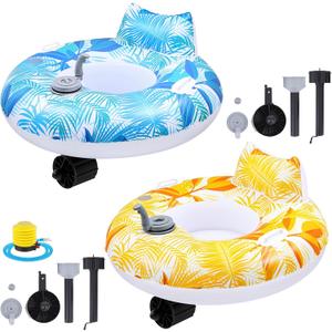 2 Sets Motorized Pool Float for Adults, Electric Inflatable Pool Lounger Float Driving Tube Floating with Pusher Handles Cup Holder for Summer Water Beach(Leaves,Blue Yellow)