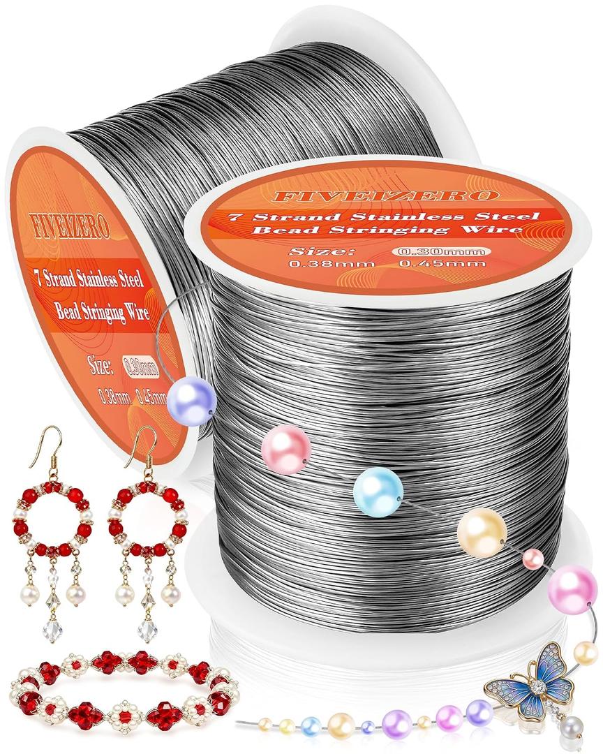 FIVEIZERO 656FT 0.3mm Stainless Steel Beading Stringing Wire, 2 Rolls 7 Strand Jewelry Wire for Jewelry Making Supplies, Threading Necklace Bracelet Crafts
