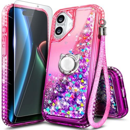 NGB Designed for iPhone 17 Case, Pink/Purple | Glitter Liquid Sparkle Cute Phone Cover for Women Girls Kids | with Tempered Glass Screen Protector & Ring Holder & Wrist Strap Lanyard