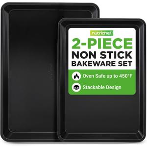 NutriChef 2-Piece Non-Stick Black Cookie Sheets - Versatile & Durable Non-Toxic Carbon Steel Bakeware Sets, Stackable Baking Tray for Cookies, Brownies, Jelly rolls - Oven Safe & Easy Clean
