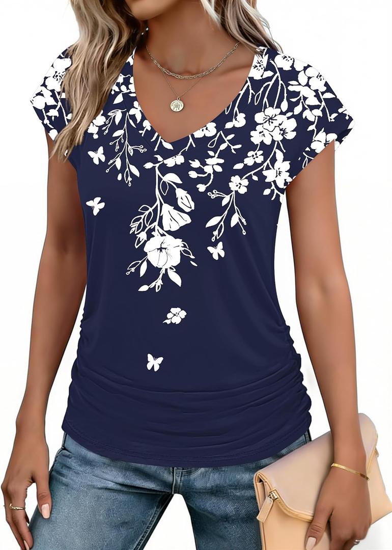 Zeagoo Womens Summer Tshirts Ruched Cap Short Sleeve Tops V Neck Trendy Shirts Fashion Tunics with Side Shirring (Medium)