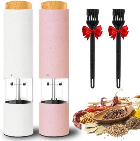Electric Salt and Pepper Grinder Set of 2, Automatic Operation Salt Pepper Mill Sets with Adjustable Coarseness, Battery Powered, LED light, One Hand Operation-Pink and White