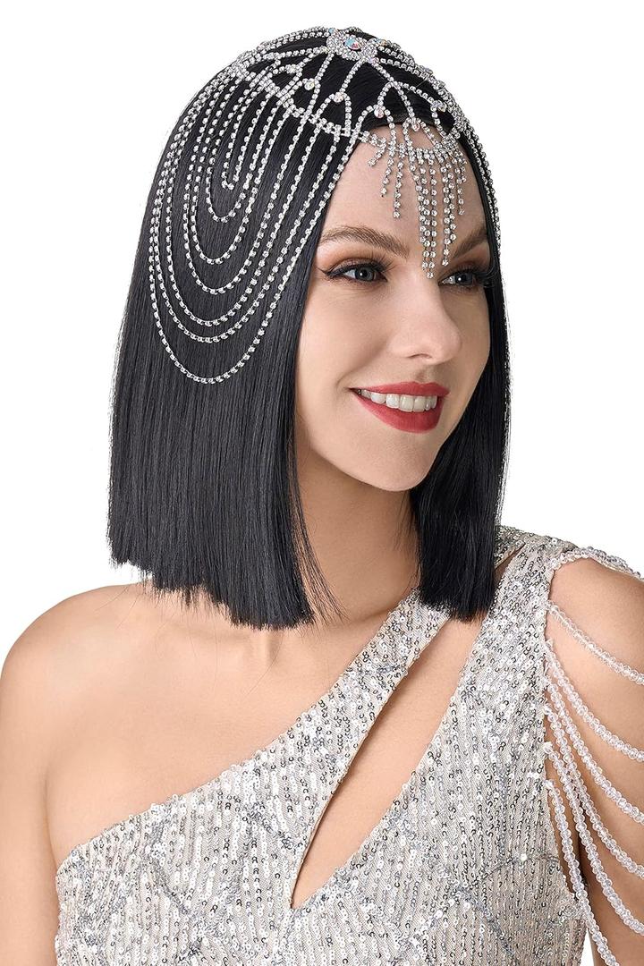 BABEYOND Vintage Style Roaring 20s Crystal Rhinestone Flapper Cap Headpiece Head Jewelry Chains (Silver)