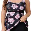 Mooncore Womens Plus Size Tankini Swimsuits Two Piece Tummy Control Bathing Suits Swim Tank Tops with Boy Shorts Swimwear (XX-Large Plus, Black Flowers)