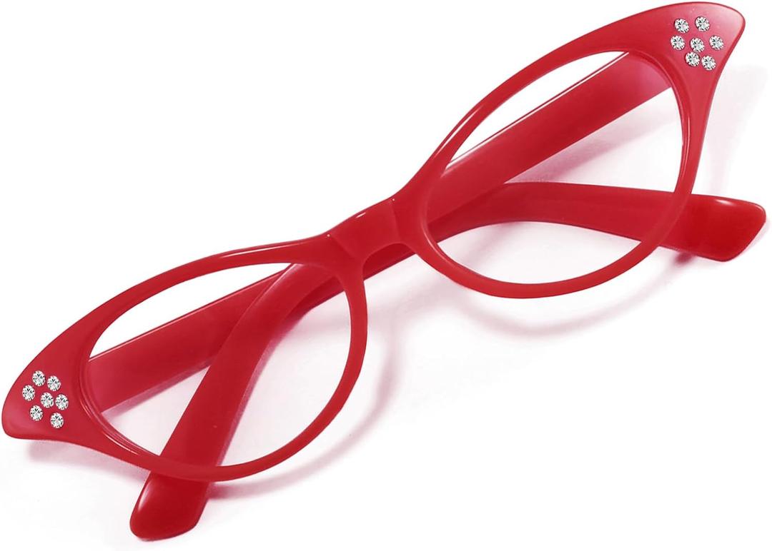 FEISEDY Cat Eye Costume Glasses with Rhinestones Women & Kids 50s 60s Classic Party Cateye Sunglasses B2848 (002 Red Frame)