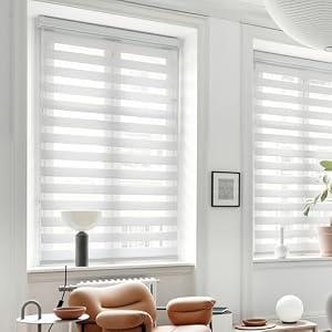 GHV Cordless Zebra Blinds for Windows Free-Stop Shades Light Filtering Dual Layer Light Control for Day and Night (White, 35 in (W) x 64 in (H))