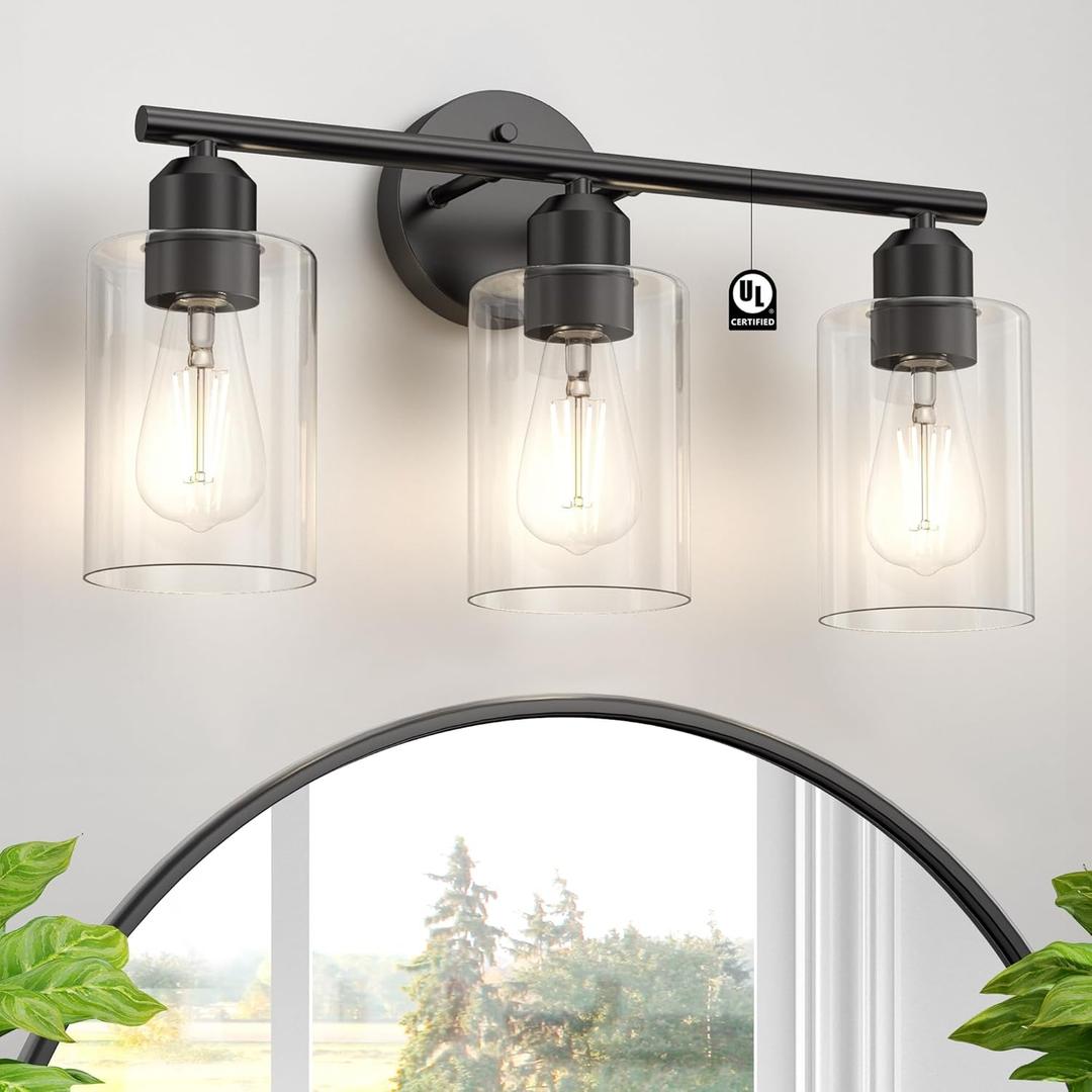 Bathroom Vanity Light Fixtures Matte Black Bathroom Lighting Fixture, 3 Lights Bathroom Light Fixture Over Mirror, Modern Black Vanity Light, UL Certified Wall Sconces with Glass Shades