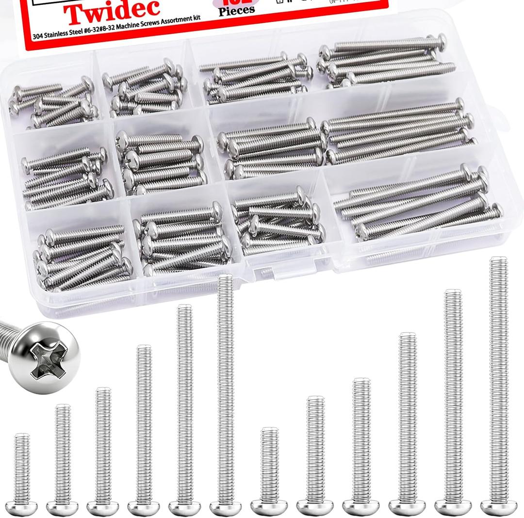 Twidec/102PCS Machine Screw Kit,304 Stainless Steel #6-32#8-32 Electrical Long Outlet Screws Phillips Pan Head Electricians Screws 5/8 to 2 inch for Wall Plate Switch, Receptacles Mounting Screw