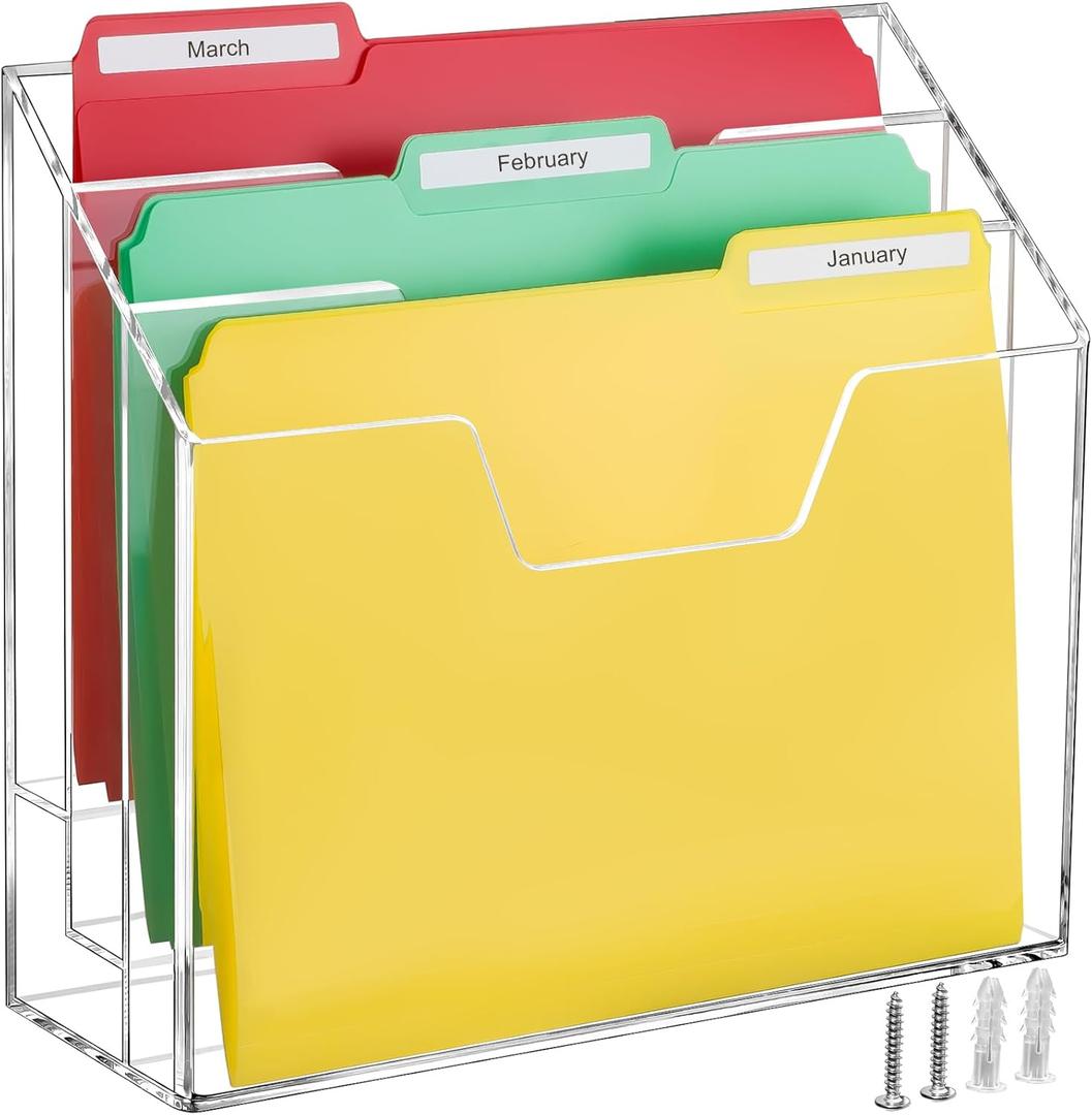 BEYGORM Acrylic File Folder Holder, 3 Tiers Clear Wall Hanging Magazine Rack, Desktop Large Vertical Tiered File Holder for Office and Home, Upright File Storage for Desk