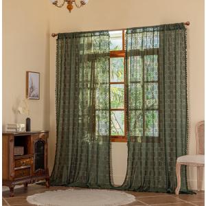 Green Boho Lace Curtains 108 inches Long 2 Panel Sets Retro Crochet Sheer Curtains for Living Room Bedroom Light Filtering Tassels High Ceiling Window Treatment Drapes 59" W x 108" L Emerald Green