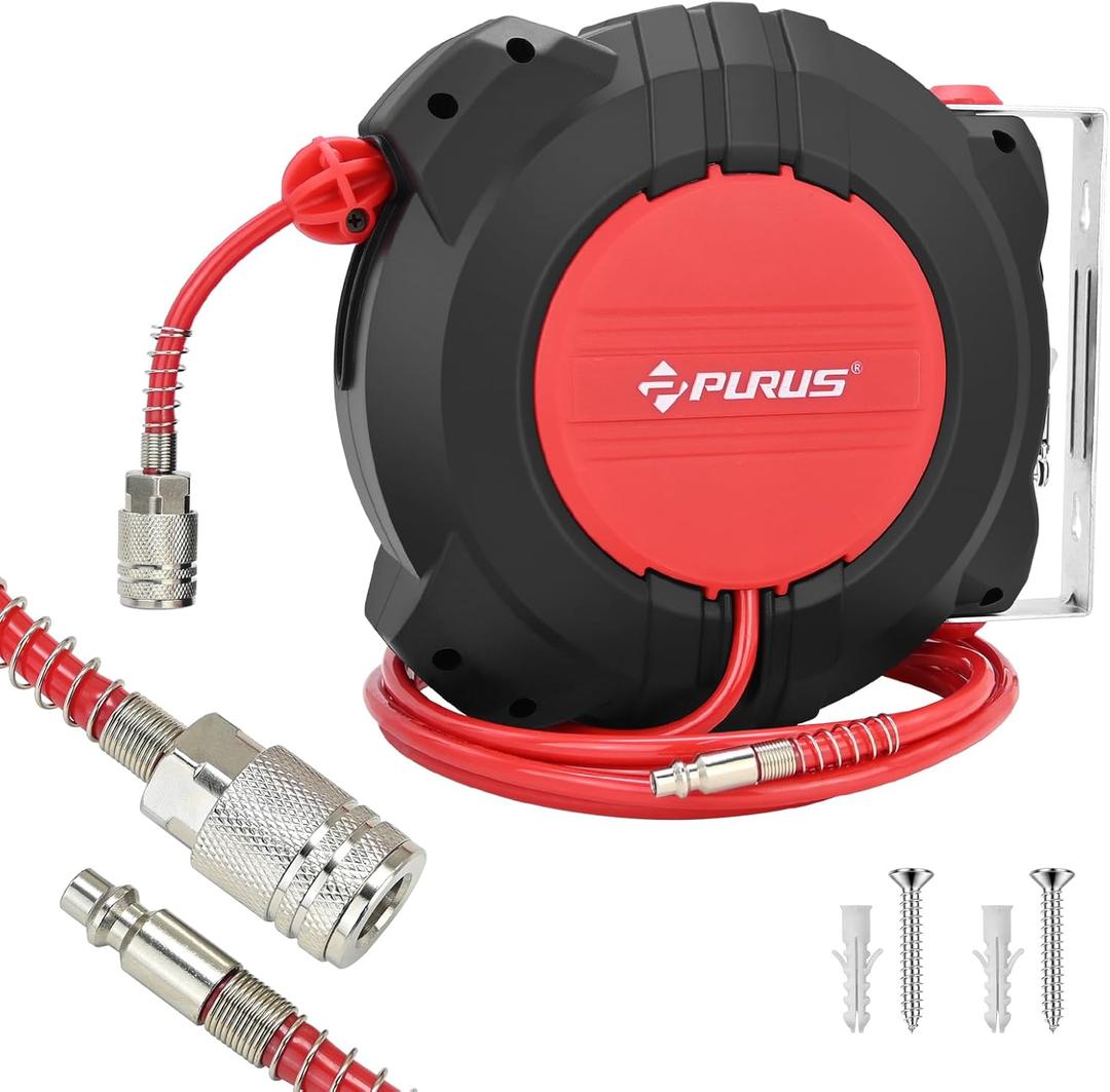 PURUS Retractable Air Hose Reel, 1/4" x 32ft, 180 Swivel Wall/Ceiling Mount, Auto Rewind, Hybrid Hose Max 10 Bar Pressure Air Compressor Hose Reel Quick Coupler for Workshop & Garage