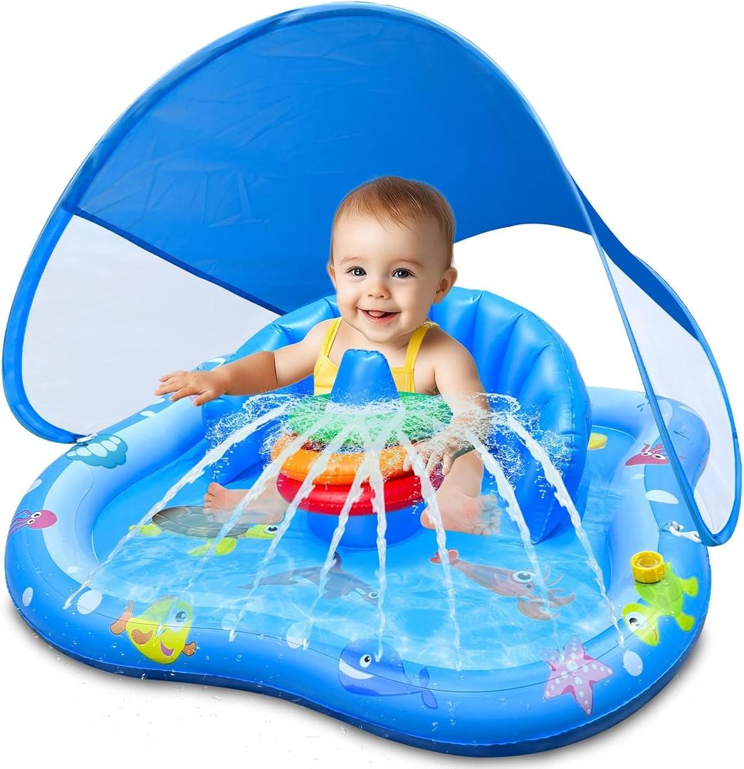 iGeeKid Baby Play Mat with Sprinkler, Inflatable Baby Pool Float with Canopy Backrest & Stackable Rings Water Sprinkler for Kids, Outdoor Water Play Toys for Toddlers Backyard Swimming Water Games (32 x 32 x 26 Inch)