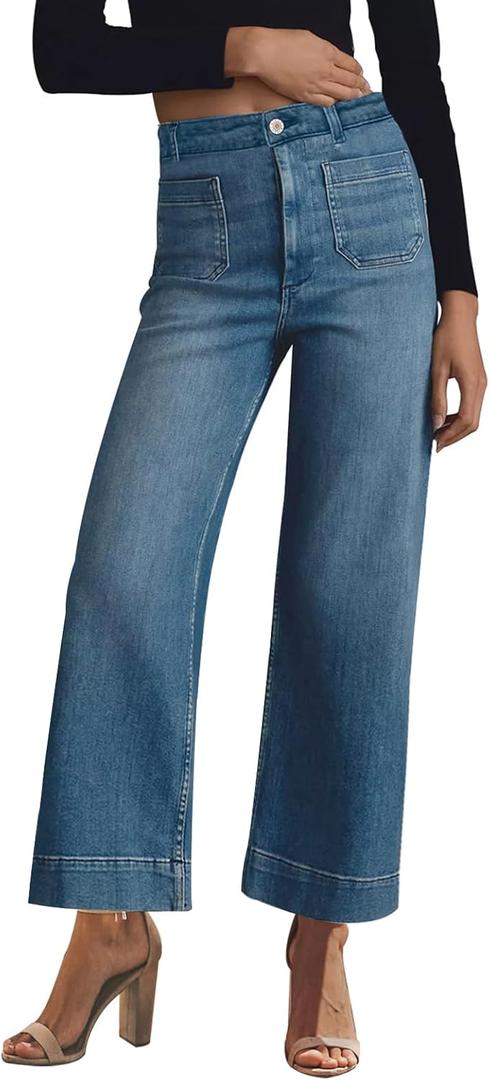 KUNMI Women's Wide Leg High Waisted Stretchy Straight Leg Jeans Baggy Loose Trendy Denim Pants (10, Wl001-blue)