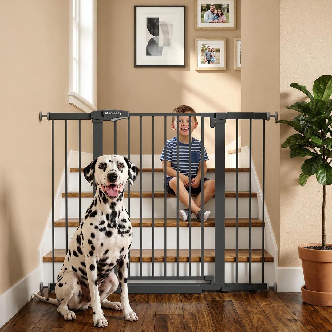 Mumeasy 29.7-48" Baby Gate for Stairs, Pressure Mounted Dog Gate for Doorways, Extra Wide Walk Thru Safety Pet Gate for Doors with Auto Close, Easy Install Child Gate for Hallway Indoor House, Black