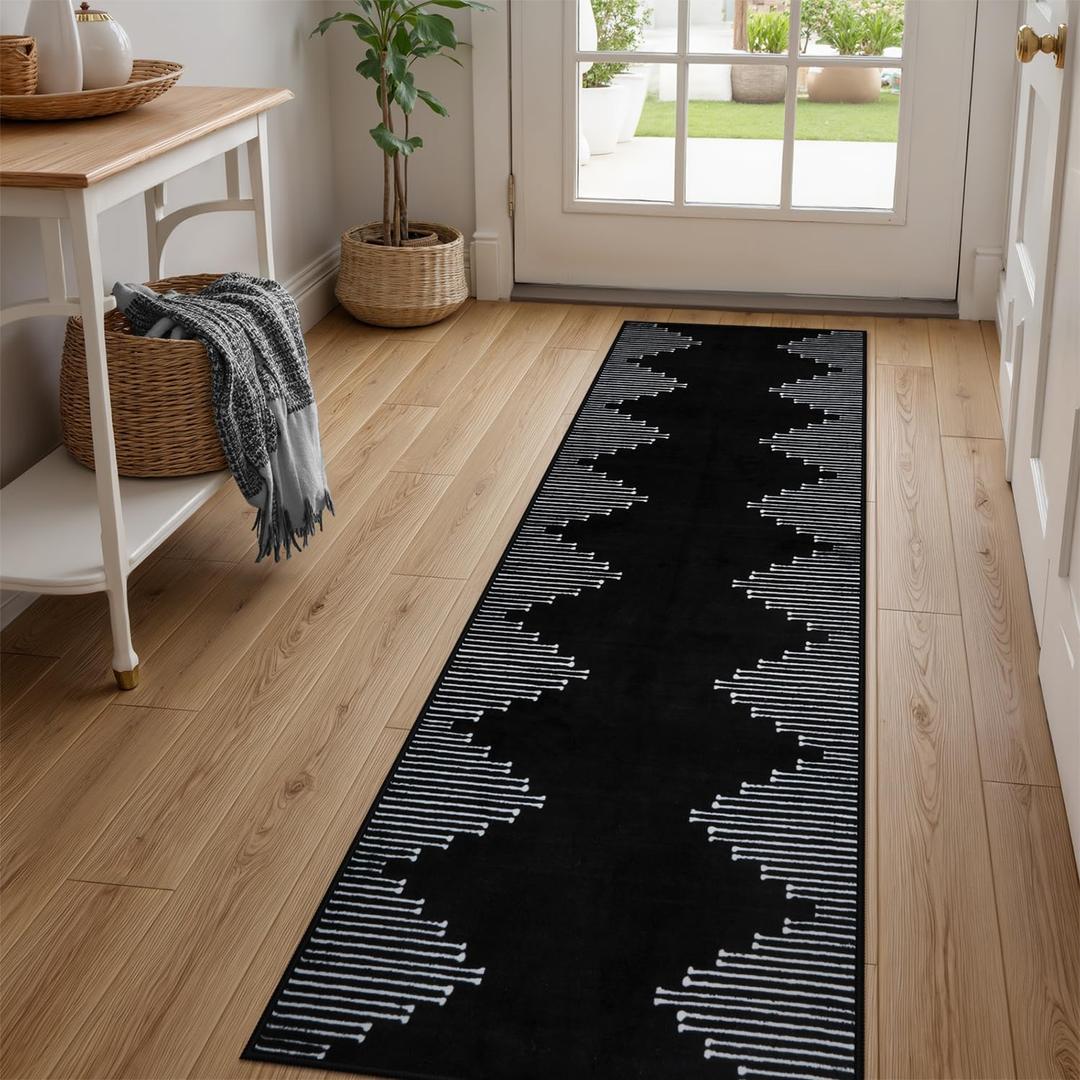 Seavish Black Runner Rug 2x6 Kitchen Runner Rugs Non Skid Washable Low Pile Thin Rugs for Entryway Indoor Bohemian Stripe Hallway Runner Rug Non Shedding Boho Floor Carpet Runner for Bedroom Laundry