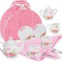 Jewelkeeper Tea Party Set for Little Girls - 18 Piece Toddler Tea Set with Floral Porcelain, Pink Wicker Basket, Utensils for Imaginative Pretend Play - Encourages Creativity and Social Skills