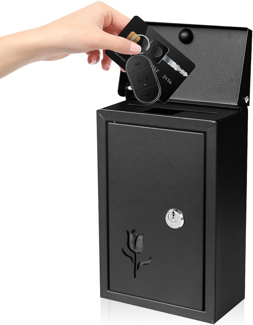 Wall Mount Key Drop Box, with Key Lock & Flip & Top Slot, Steel Cash Drop Box, Storage Box for Mail, Packages, Donations, Voting, Suggestion for Outside Home Business 9.05"5.51"3.03"