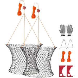 VEVOR Double Ring Crab Trap, 24 inch Top, 20 inch Bottom, Two Rings Crab Kit, Foldable Fishing Net with Gauge, 60 ft Rope, Wire Grid Bottom, Rock and Blue Crab, Dock & Pier Crabbing, 2 Set