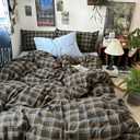 mixinni Vintage Buffalo Plaid Duvet Cover Set Queen Size - 3 Piece Washed Cotton Bedding Set with Grid Pattern, Soft & Breathable Duvet Cover with Pillowcases for All Seasons,(Brown & Blue,Beige)