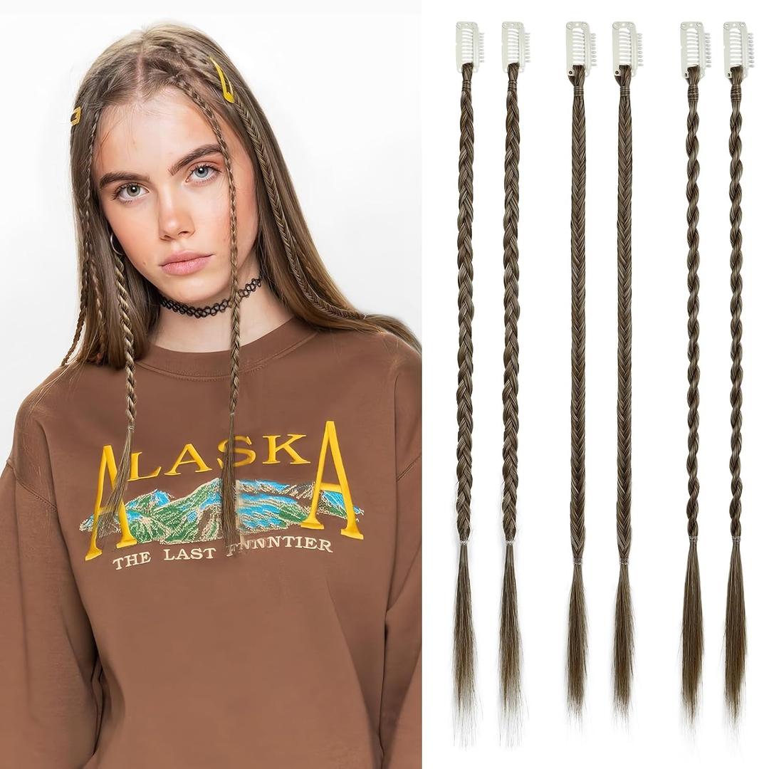 REECHO 6PCS Clip in Braid Hair Extensions for Women 14 Inch Clip in Braids Synthetic Braided Hairpieces for Daily Costume Party, Chocolate Brown with Highlights