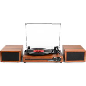 Vinyl Record Player with Speakers,Bluetooth Portable Turntable for Vinyl Records,Phonograph LP Player with 3 Speed USB RCA in Vintage Brown