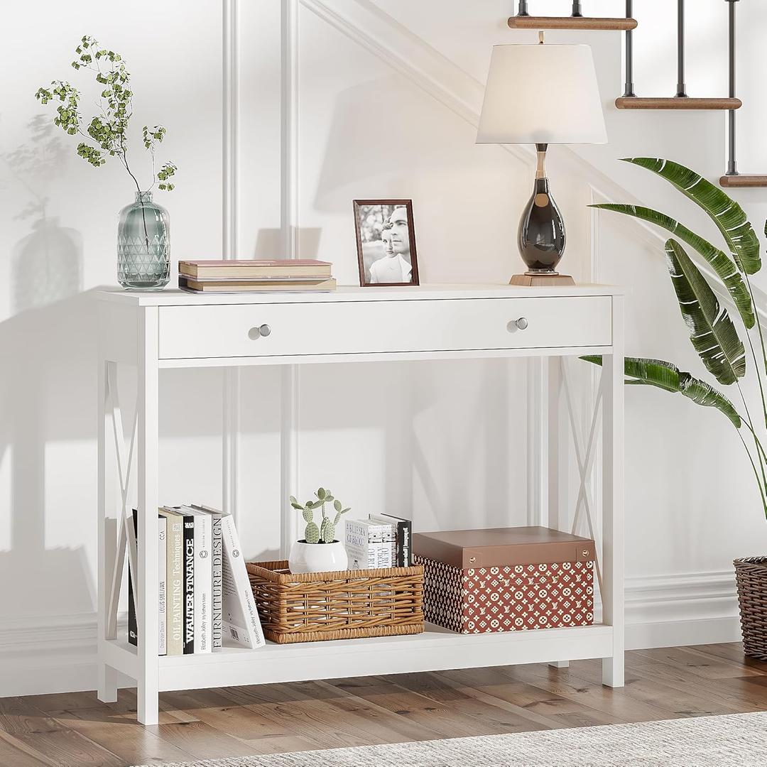 Treocho White Console Table with Drawer and Storage Shelves, Foyer Sofa Table Narrow for Entryway, Living Room, Hallway (40.1"W*11.82"D*30.92" H)
