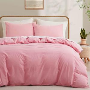 LOVQUE Pink Cotton Duvet Cover Twin Size, Linen Like Natural Bedding Set with Zipper Closure (No Comforter), 68x90 Inches
