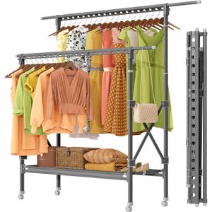 Clothes Rack, Double Rods Clothing Racks with Wheels, Adjustable Wardrobe Coat Rack with Bottom Shelves Extendable Bar, Heavy Duty Rolling Clothes Organizer Collapsible Standing Garment Rack (Grey)