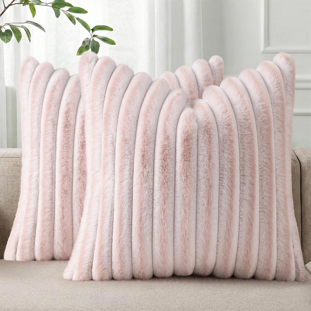 Pallene Faux Fur Plush Throw Pillow Covers 20x20 Set of 2, Luxury Soft Fluffy Striped Decorative Pillow Covers for Sofa, Couch, Living Room, Ombre Pink