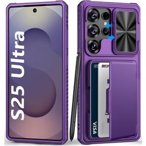 for Samsung Galaxy S25 Ultra Wallet Case, Card Holder (4-5 Cards), RFID Block, Slide Camera Cover & Military Grade Drop, Hard Heavy Duty Men Women Phone Case for Samsung Galaxy S25 Ultra, Purple