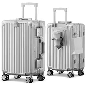 Carry on Luggage Aluminium Frame with Cup Holder, 20 Inch Zipperless Luggage with Spinner Wheels,Carry On Luggage 22x14x9 Airline Approved for Business Travel (silver, 20inch)