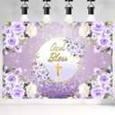 Golden Cross God Bless Photo Background Newborn Christening Purple Flowers Decoration First Holy Communion Baptism Christening Party Backdrop Baby Shower Cake Table Background (8X6FT)