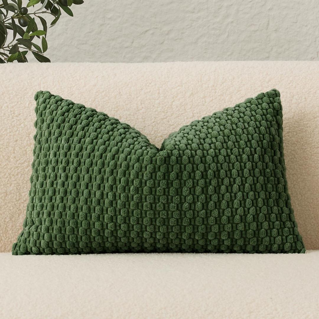 UGASA Lumbar Throw Pillow Covers Pack of 1 Super Soft Boho Corduroy Decorative Pillow Cases Solid Color Plush Texture Accent Throw Pillows for Sofa Couch Living Room Chair 12x24 Inch, Moss Green