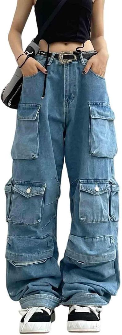 BXCNCKD Women's Baggy Cargo Pants Y2K Clothing Multi-Pocket Relaxed Fit Jeans Grunge Clothes Alt Hip hop, M