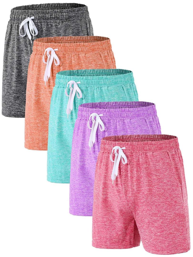 ATTIQOZI Athletic Shorts for Girls 5 Pack, Moisture-Wicking Girls Shorts with Pockets for Basketball, Soccer, Running, Gym 2Bl/Purple/H Pink/Purple/Green S (S)