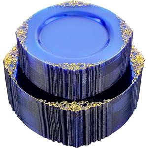 Joyido 102PCS Blue Plastic Plates - Royal Gold Disposable Plates - Clear Blue Party Plate - Heavyweight Disposable Plate with Gold Rim - Fancy Dinner & Dessert Plates for 51 Guests Party Wedding