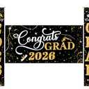 3 Pcs Graduation Decorations Class of 2026 | Hanging Porch Supplies for College Graduation Indoor/Outdoor Decor | Large Graduaiton Set: Gold & Black Congrats Grad Party Backdrop and Banner