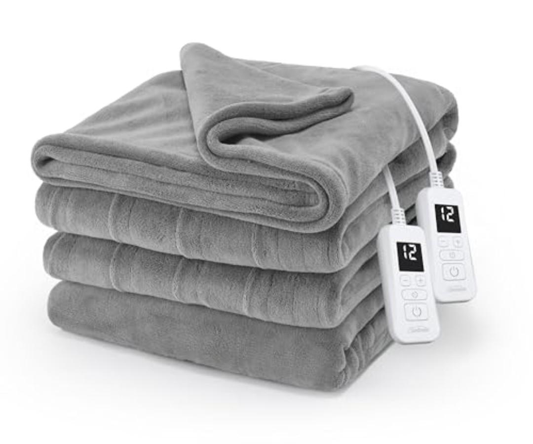 Sunbeam Electric Royal Luxe Microplush Heated Blanket, 12 Heat Settings, 12-Hour Auto Shut-Off, Fast Heating, Warm & Cozy, Machine Washable, Dove Gray Color, King (90" x 100")