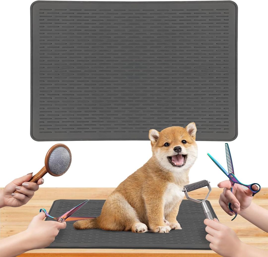 Dog Grooming Table Mat Pad Non Slip, Multipurpose Soft Pet Grooming Table Mats at Home, 28 x 19.7 Inch Silicone Durable Anti-Fatigue Groomer Mats Paw Protection Easy-Clean Cat Dog Bath Mat (Black)