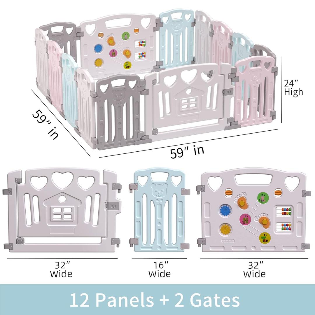 Baby Playpen Kids Activity Centre Safety Play Yard Home Indoor Outdoor New Pen (14panels light blue and pink and gray)
