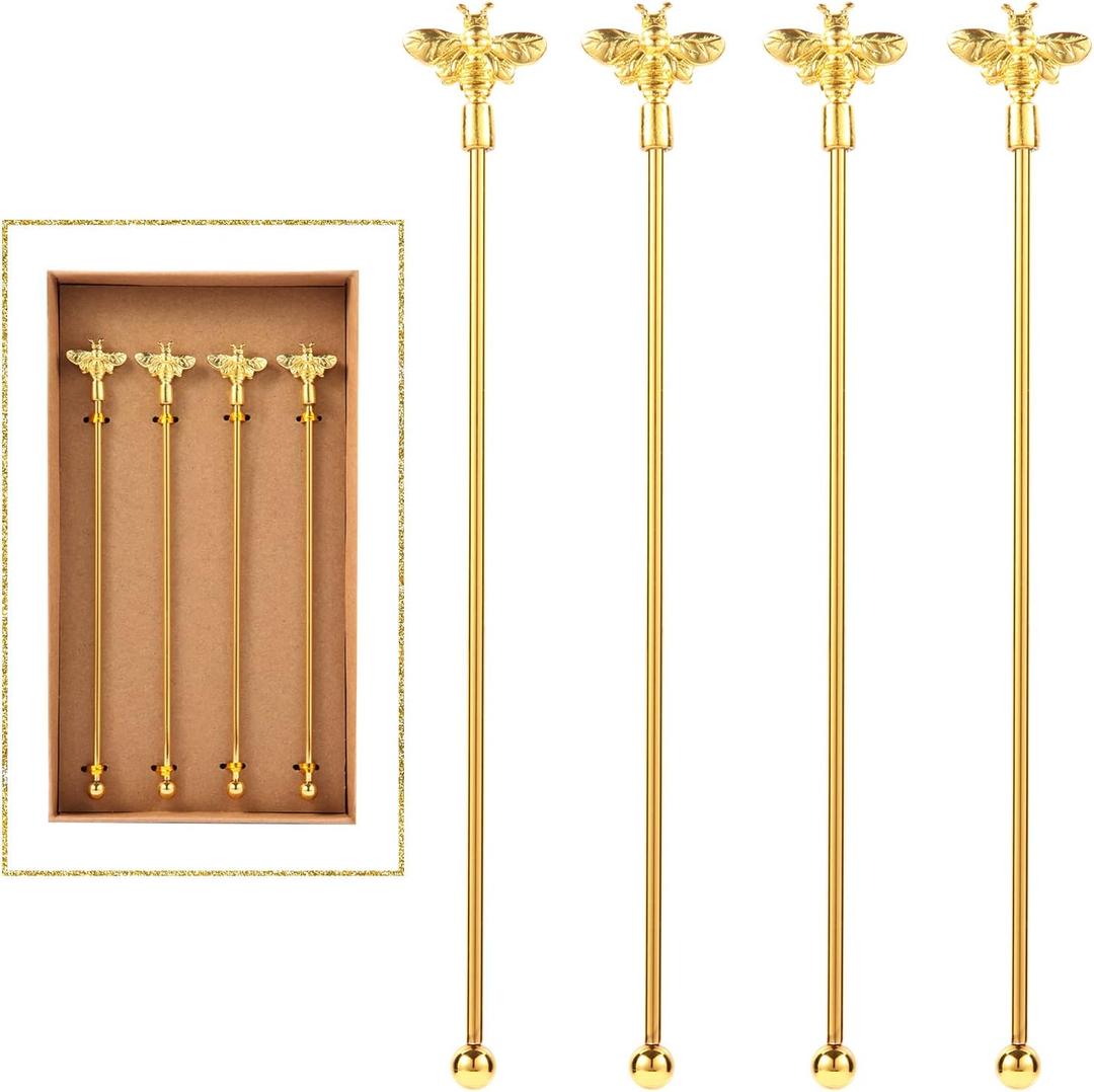 4Pcs Bumble Bee Cocktail Stirrers Swizzle Sticks Stainless Steel 7.5" Coffee Beverage Stir Sticks with Gold Decor Top for Mixing Cocktail, Hot Cocoa, Creamer