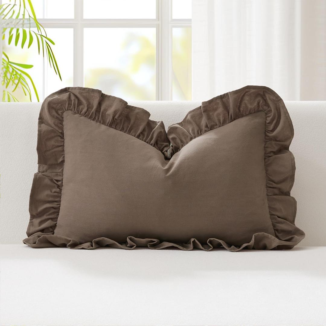 Kevin Textile 12x20 Inch Lumbar Pillow Cover 1 Pack 100% Cotton Lace Ruffles Scalloped Decorative Rectangle Cushion Case Soft Pillow for Bedding Couch Sofa, Khaki
