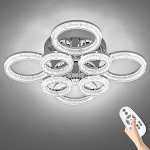 OKELI Modern Ceiling Light, 8 Rings 26.8'' Dimmable LED 106W Flush Mount Ceiling Lights with Remote Acrylic Crystal Round Ceiling Light Fixture, Bedroom Living Room Dining Room, Chrome
