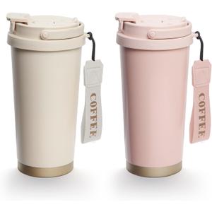 Sinekequnsun 2 Pack 17oz Insulated Coffee Mug, Leakproof Travel Coffee Tumblers With Strap, Vacuum-Insulated Stainless Steel Reusable Coffee Cup for Hot & Cold Drinks (Beige,Pink)