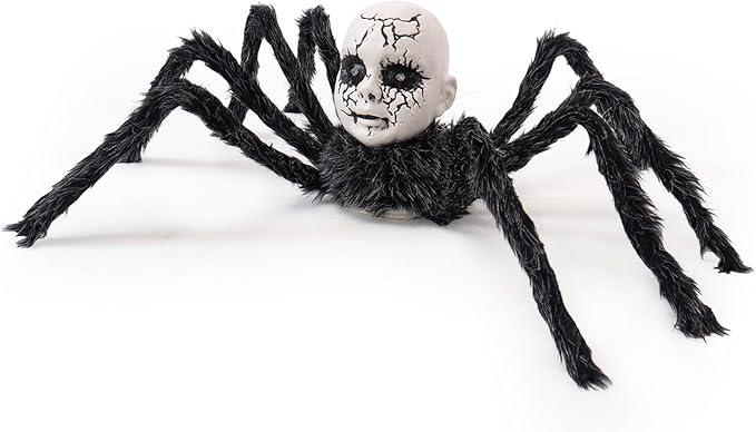 Halloween Outdoor Decor Black Spider, Creepy-Crawly Light-Up Doll Head Scary Giant Spider with Terror Sounds, Haunted House Props, Halloween Yard Lawn Decorations Party Indoor Decor
 3 Pack