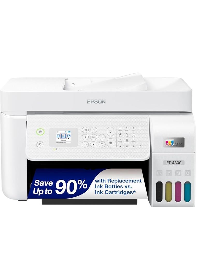 Epson EcoTank ET-4800 Wireless All-in-One Cartridge-Free Supertank Printer with Scanner, Copier, Fax, ADF and Ethernet  Ideal-for Your Home Office, White
