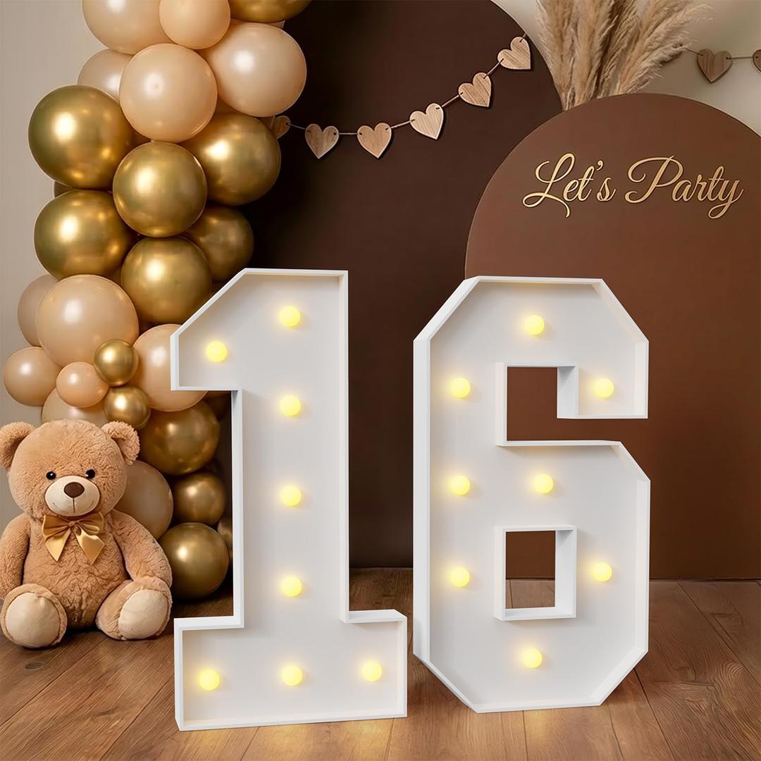 2.3FT Light up Numbers 16, Large Marquee Number 16 with Warm White Light for Birthday Party Decor Supplies, Sign, Backdrop, Happy 16th Birthday Party Decorations for Sweet 16 Years Old