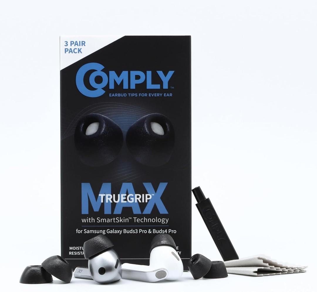 Comply TrueGrip MAX | Premium Memory Foam Replacement Earbud Tips for Samsung Galaxy Buds4 Pro & Buds3 Pro | Long-Lasting Comfort, Secure Fit, Noise Isolation | Black (Small) (3 Pairs)
