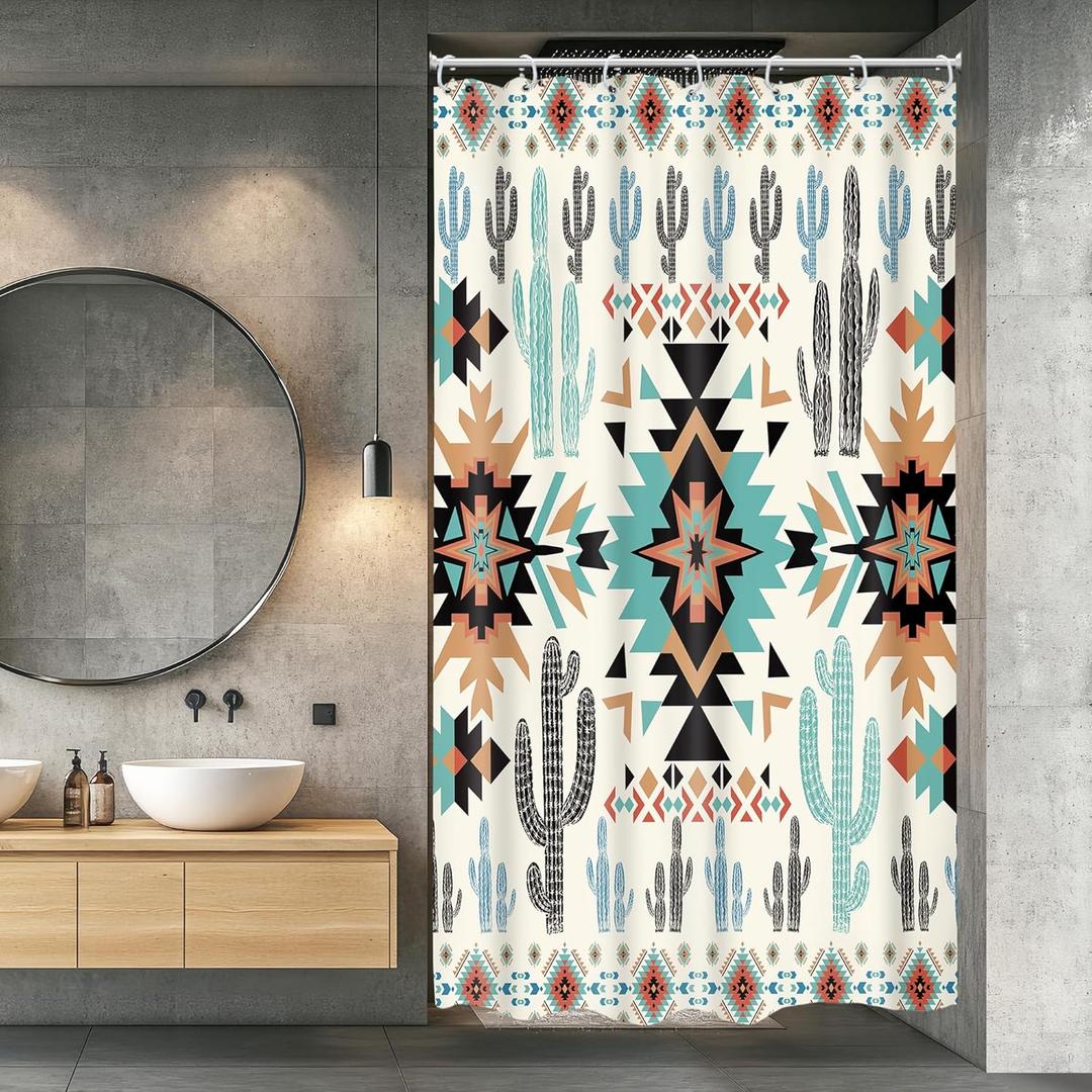 Newsely Small Stall Western Aztec Cactus Shower Curtain 36Wx72L Inch RV Boho Geometry Narrow Aesthetic Minimalism Adults Bathroom Set Vintage Waterproof Bath Decoration Accessories Home Decor