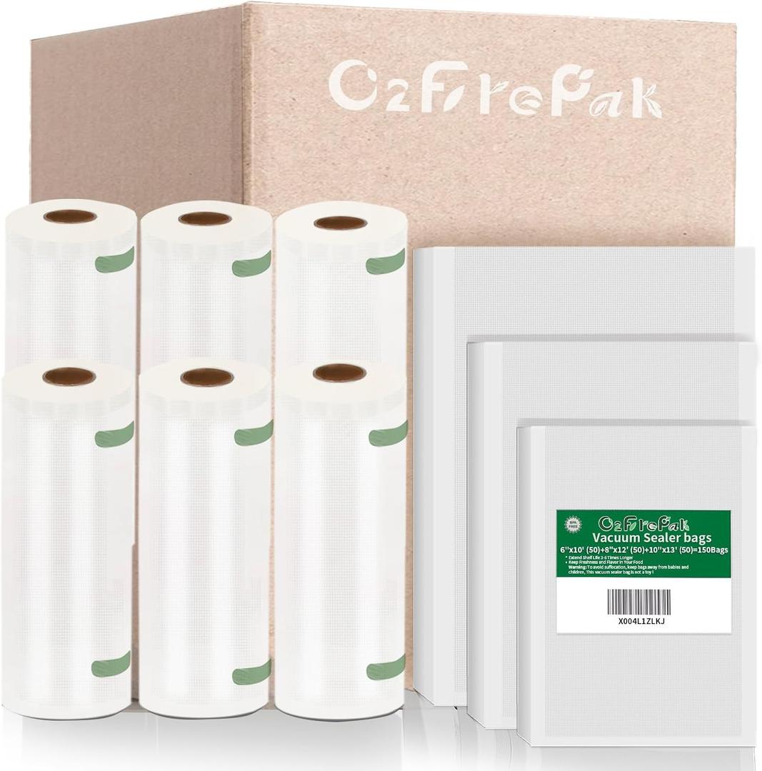 O2frepak 150ct 6pk Mixed Food Vacuum Sealer Bags Rolls BPA Free Sous Vide, Family Pack Max